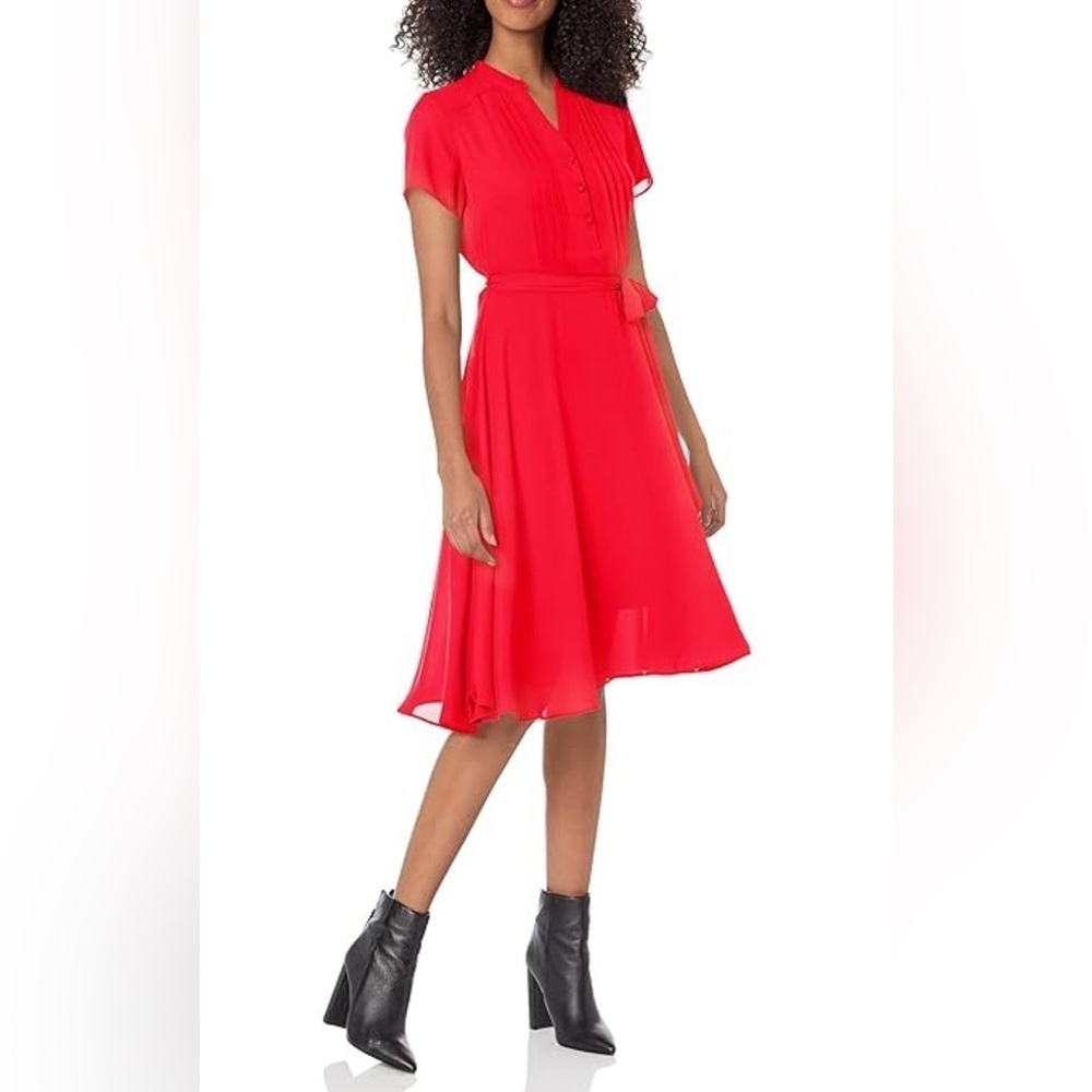 Trina Turk Mock Neck Button Up A-line Dress in Corral Red SZ 4 with Belt